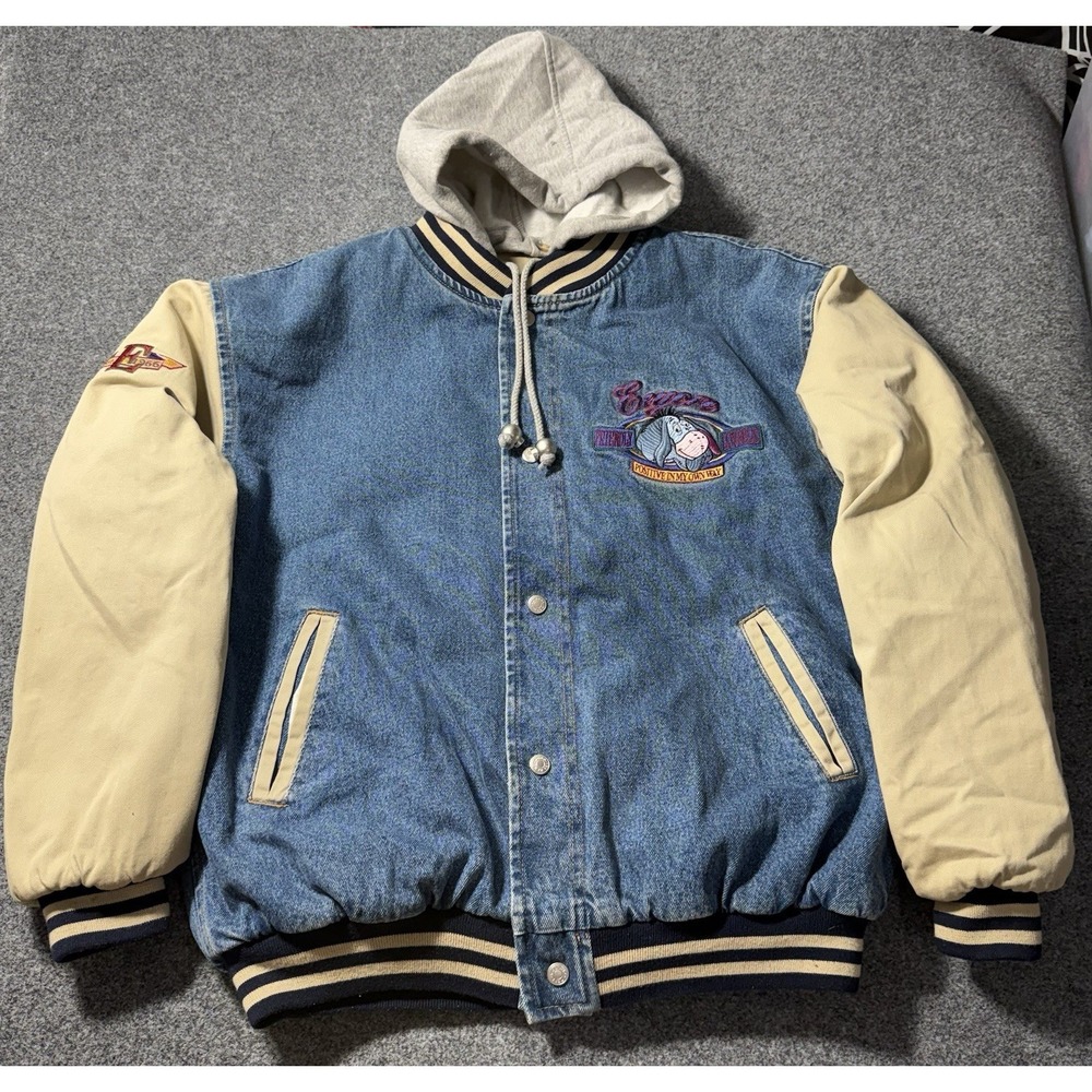 Vintage 90s Disney‎ Eeyore Hooded Denim Varsity Jacket Mens Medium Embroidered